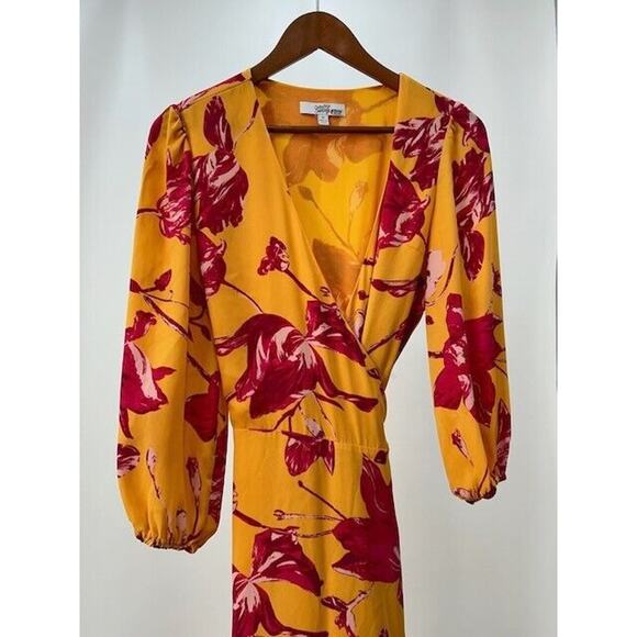 Color Me Courtney Eleanor Wrap Dress Tie Side 3/4 Sleeves V Neck Floral Yellow M - Picture 2 of 11